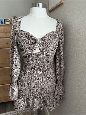 Beige Dalmatian-Print Smocked Mini Dress with Tie Front